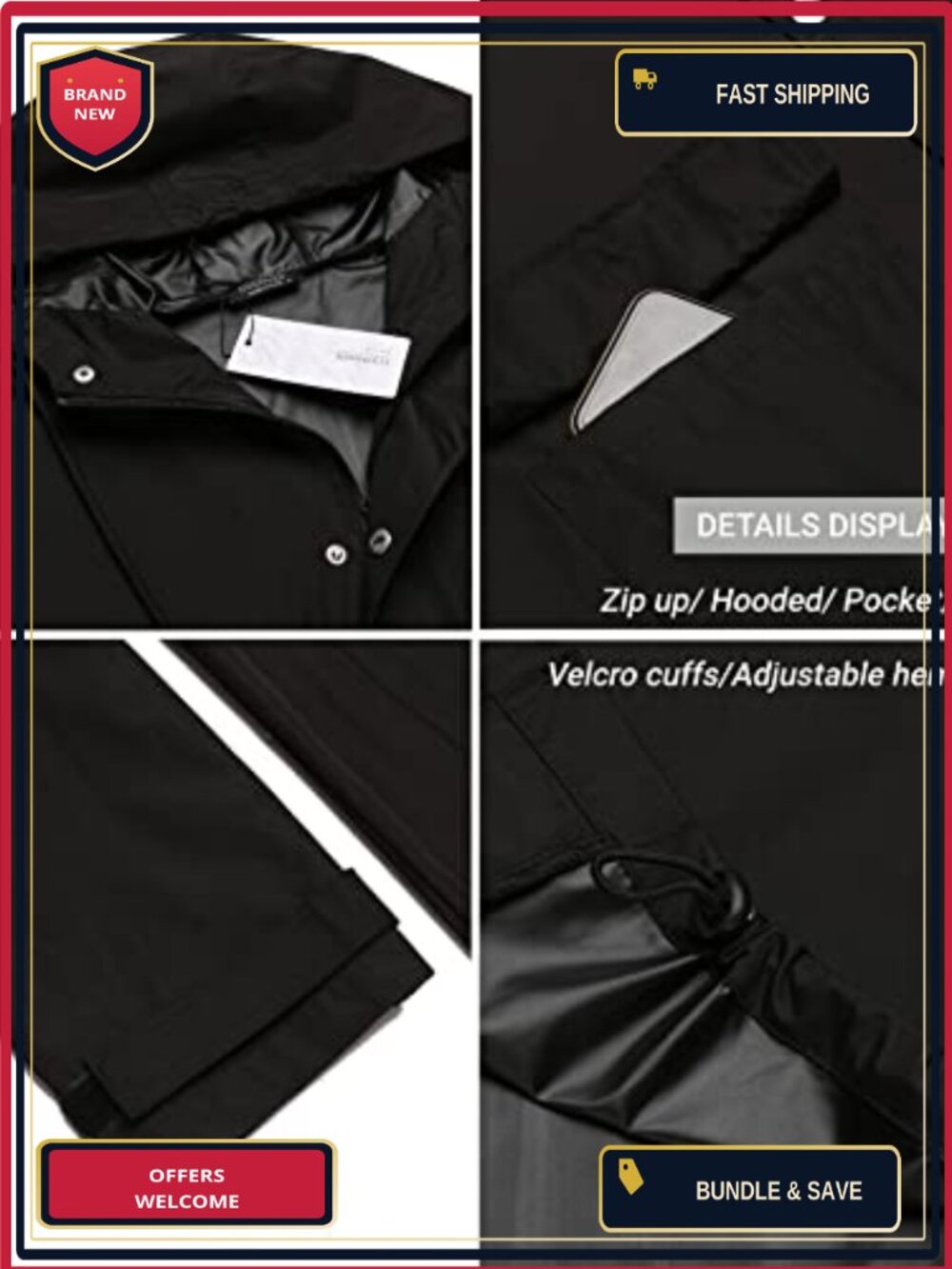 Men's Long Waterproof Raincoat Hooded Trench Jacket Nylon Polyester Windbreaker - Picture 5 of 6